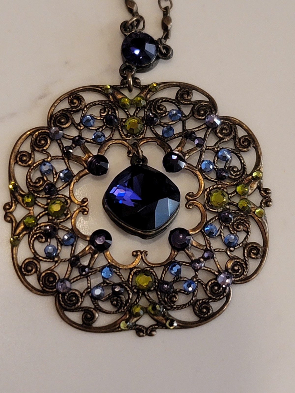 Anne Koplik Crystal Filigree Pendant Necklace Purple Blue Green Edwardian Style