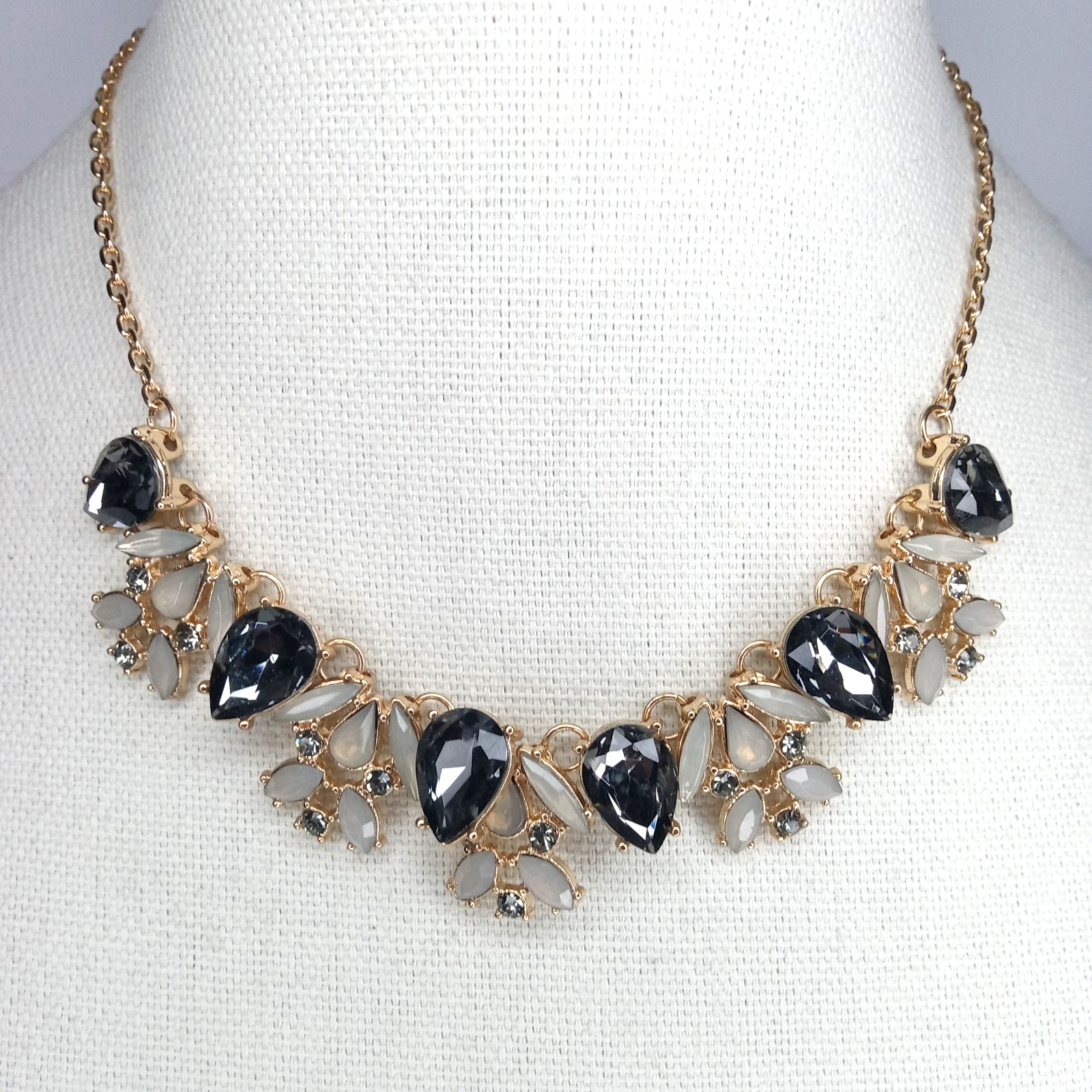 Statement Necklace Gold Tone Smoky Black& Clear Rhinetones Vintage-Inspired Glam