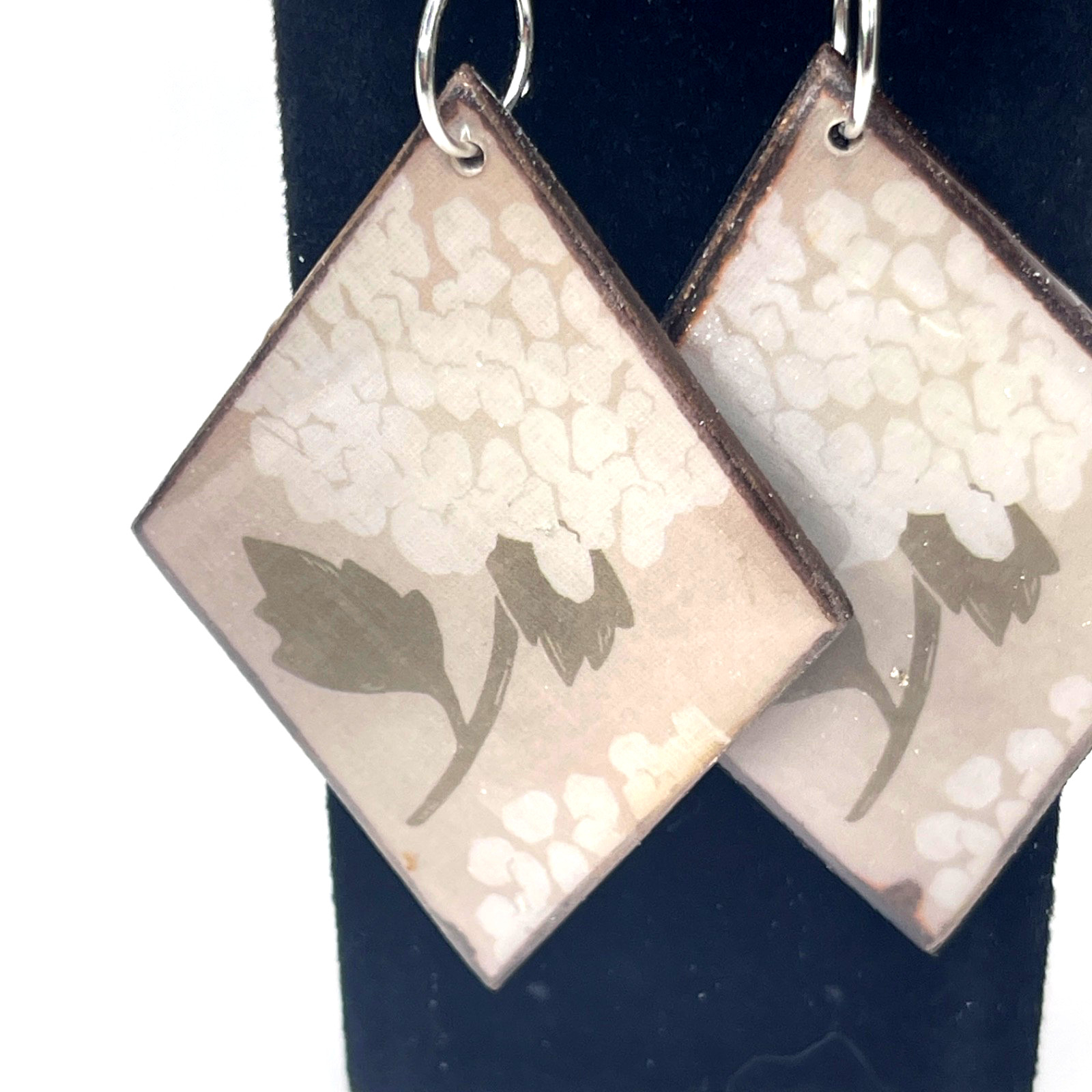 Earrings: 3.75in Handmade Brown Floral Diamond Shape Decoupage Wood Dangle/Drop