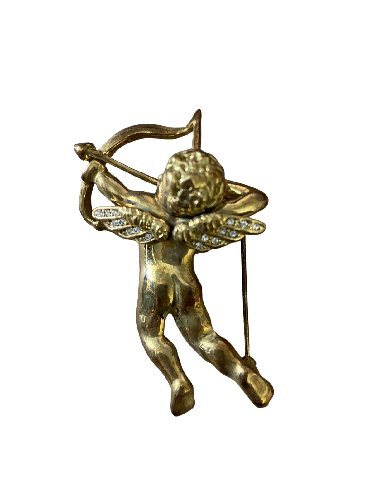 Gold Tone Rhinestone Cupid with Bow Valentine Pin brooch 2 1/8 in Jewelry