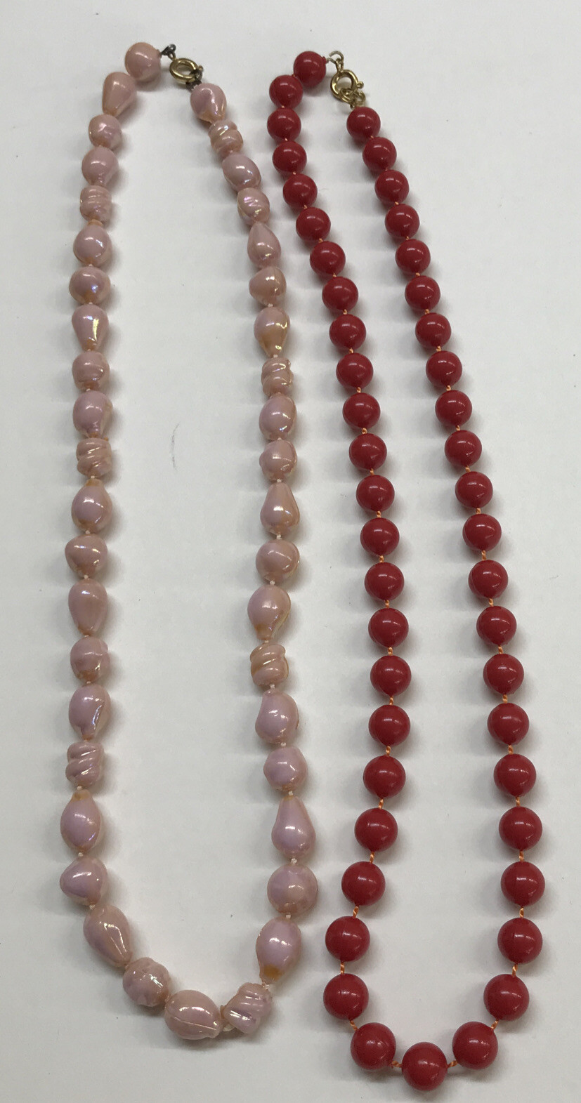 Vintage Set of 2 19″ Strand String Necklace Pink Shell Look and Red