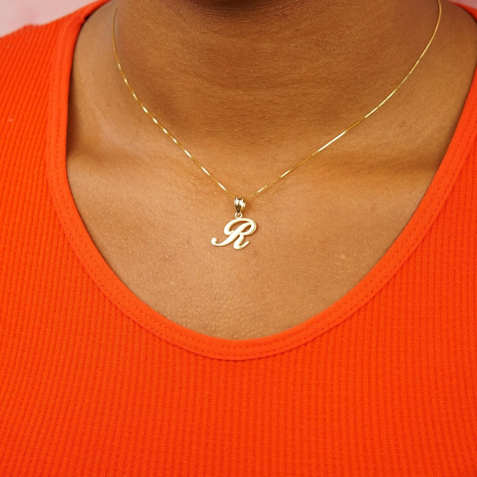 14k or 10k Solid Gold Cursive Initial Pendant, Cursive Letter Charm, Stamped