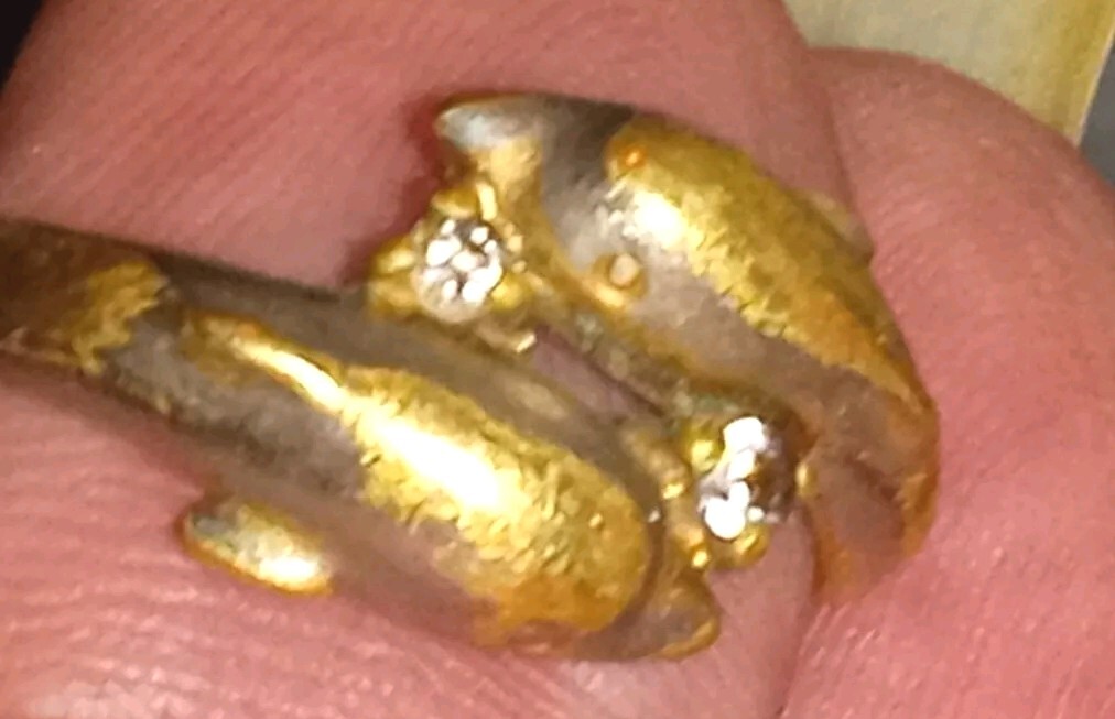 Double Dolphin Size 7 Ring With Gemstones Worn Patina 18K Stamped GF Or GE?