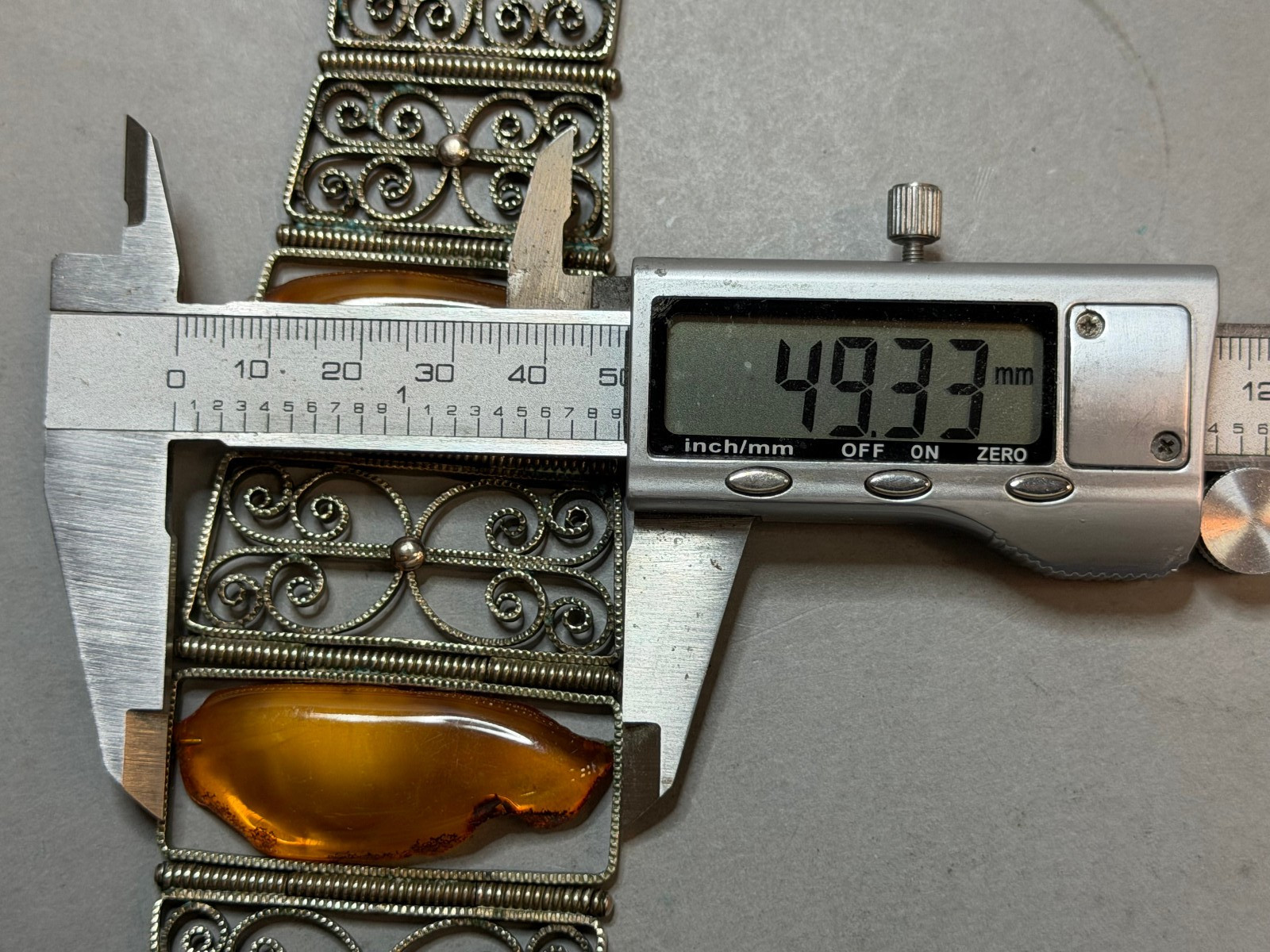 Vintage Soviet USSR Filigree Melchior Panel Bracelet Baltic Amber Honey Cognac