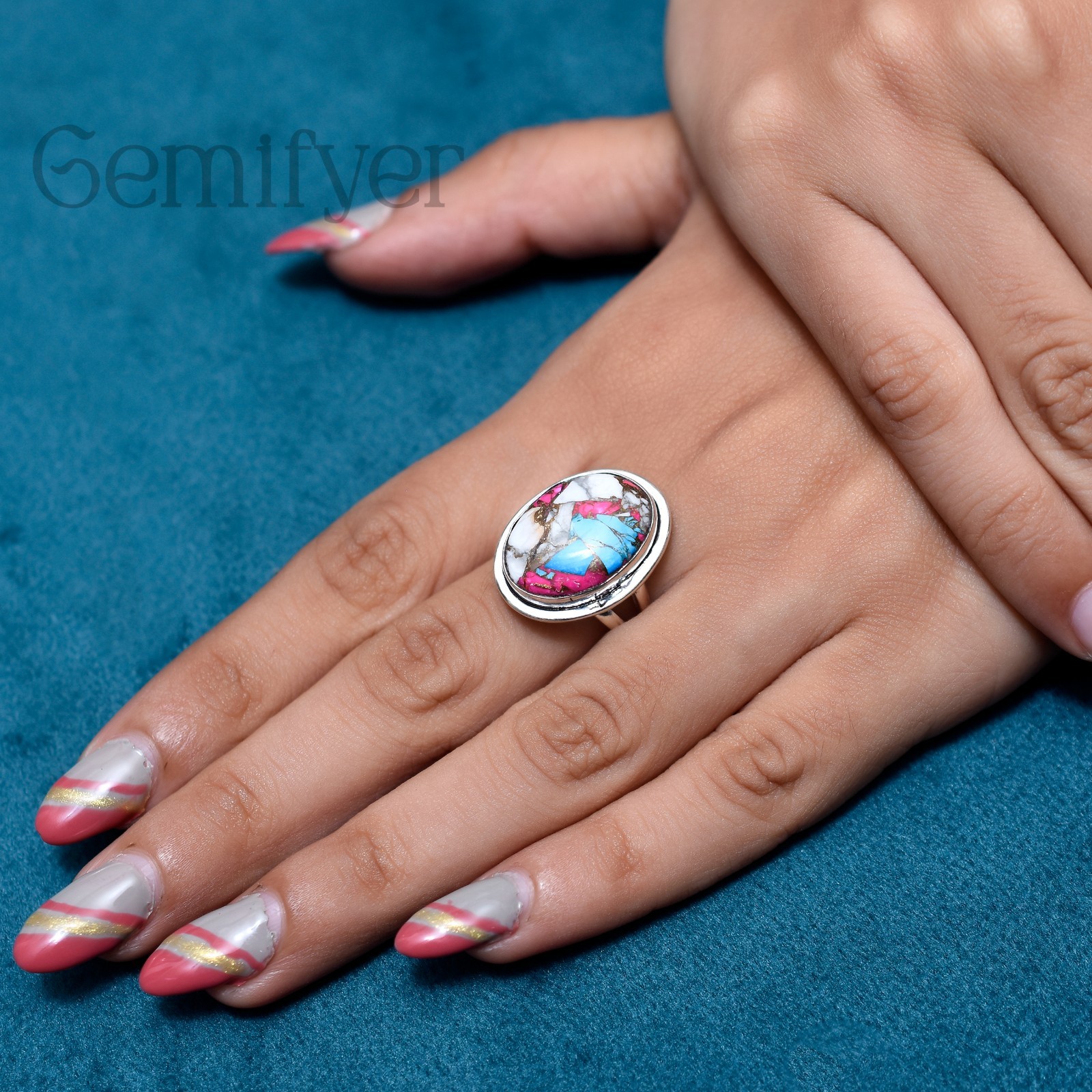 13×18 Natural Cotton Candy Turquoise 925 Sterling Silver Handmade Ring For Women