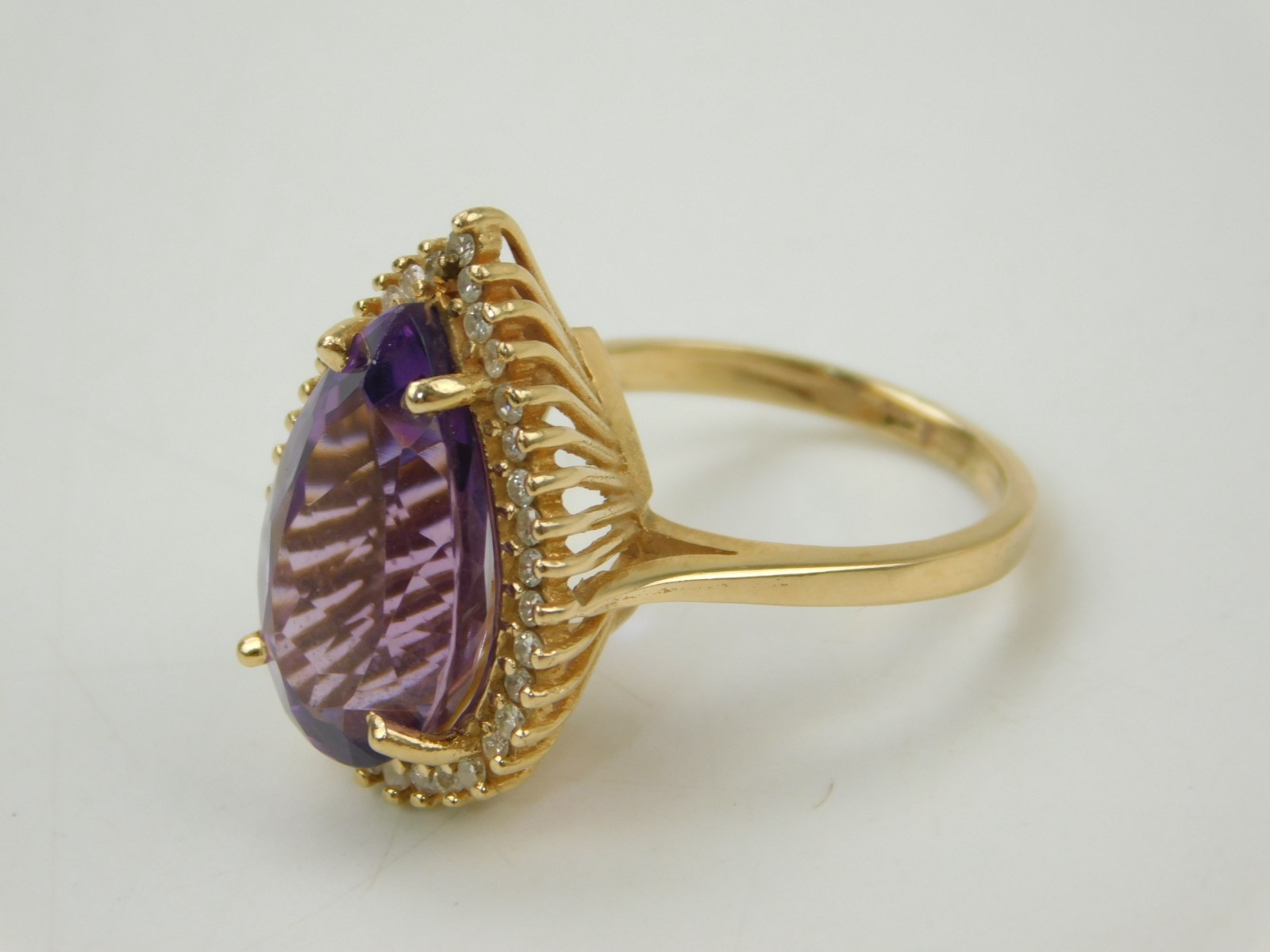 18×10.8mm Pear Cut Lab Created Amethyst Diamond Halo 14k Gold Sz 8 Cocktail Ring