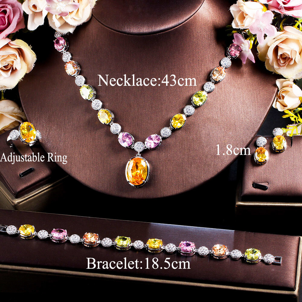 Multicolored Rainbow CZ Necklace Earring Bracelet Ring Set Silver Plated Jewelry