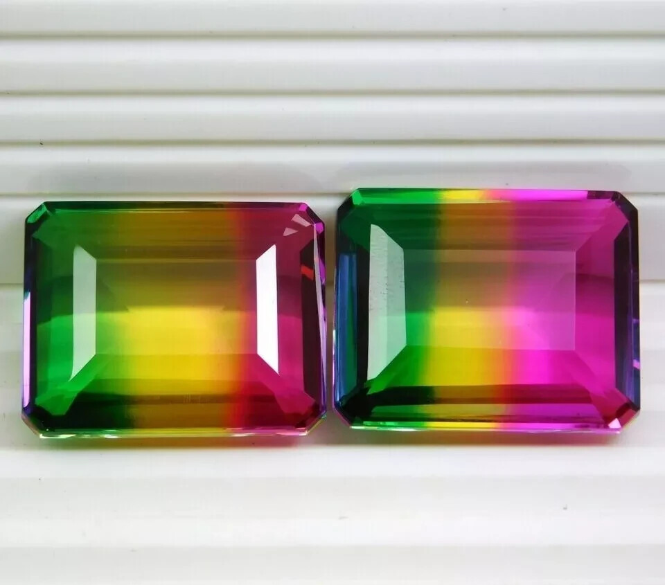 Pink, Yellow & Green Emerald Cut Tourmaline 120 Ct Tri-Color Pair Loose Gemstone