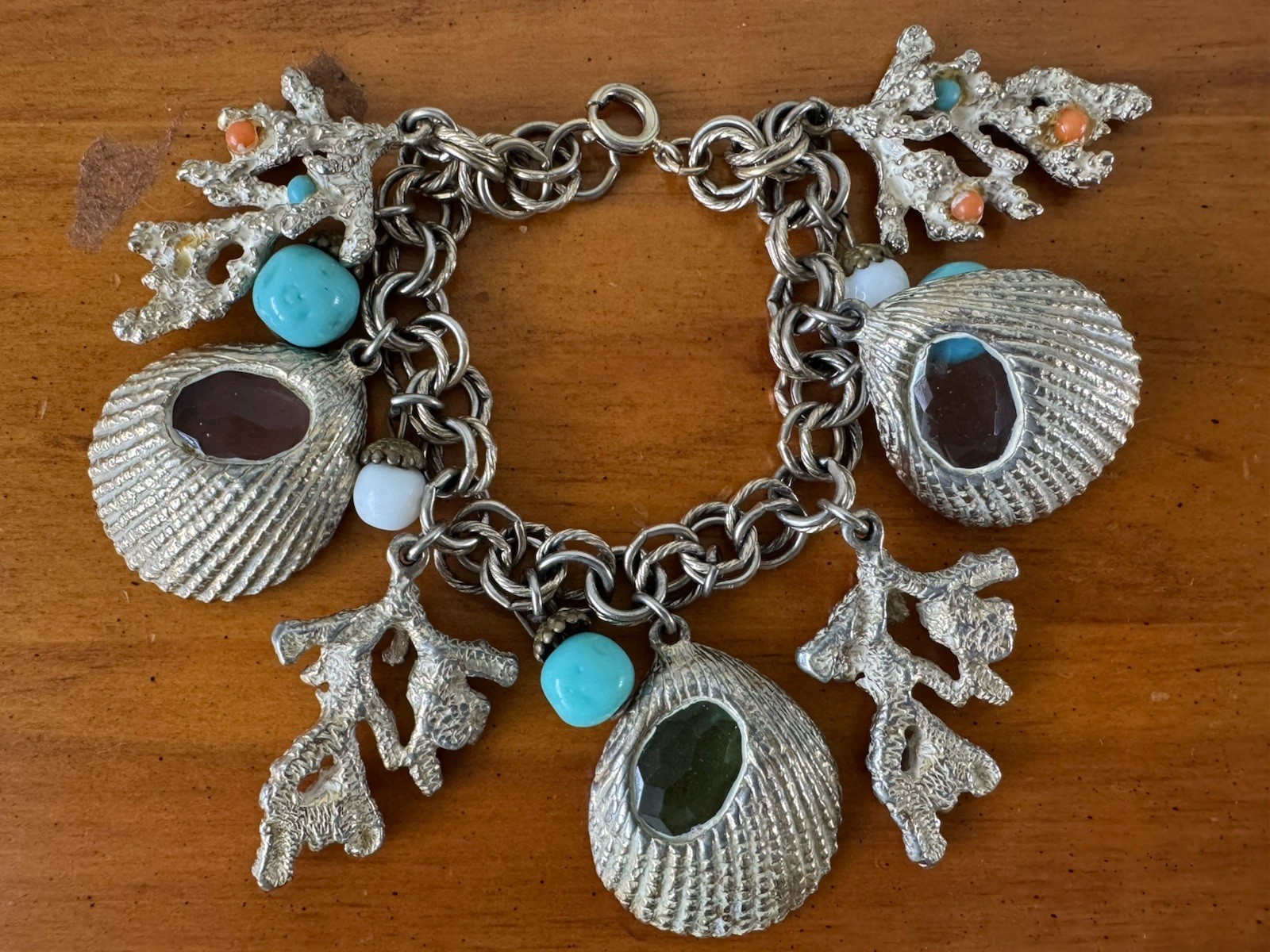Vintage Chunky Sea Shell Charm Bracelet Coral Starfish Shell Nautical Crystal