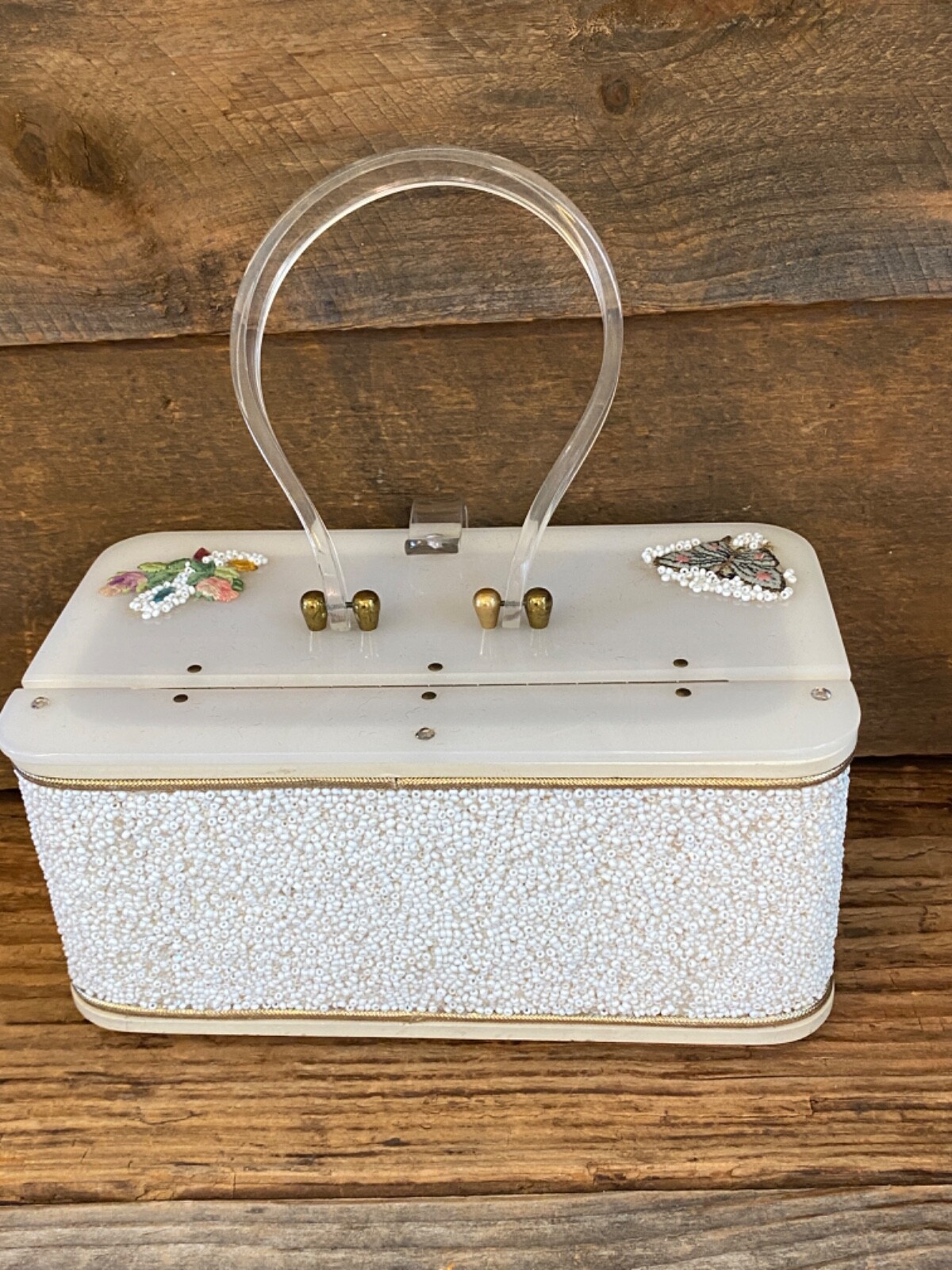 Vintage 50’s Midas of Miami Beaded Acrylic Lucite Purse Handbag Box