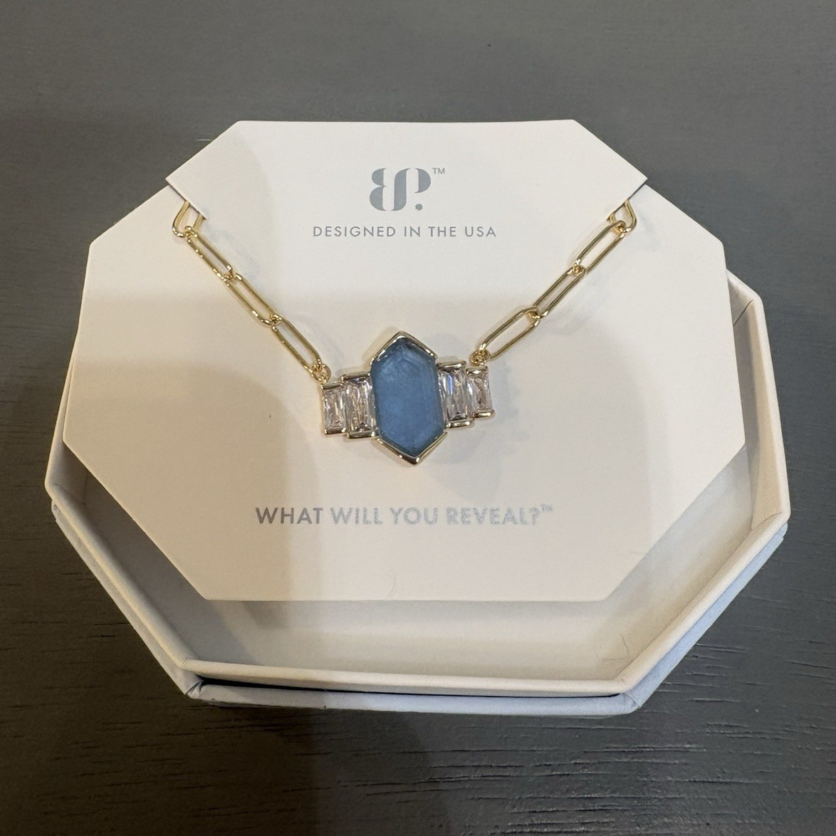 Luxe Allure Gold Plated Lab Blue Quartz Hexagon Charm Necklace 18″ NK93233