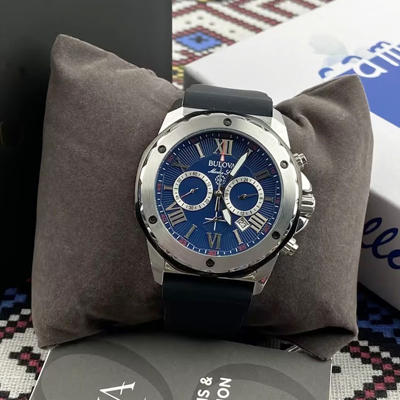 Bulova Men’s Blue Dial Black Rubber Strap Marine Star Quartz 98B258 Watch 44mm