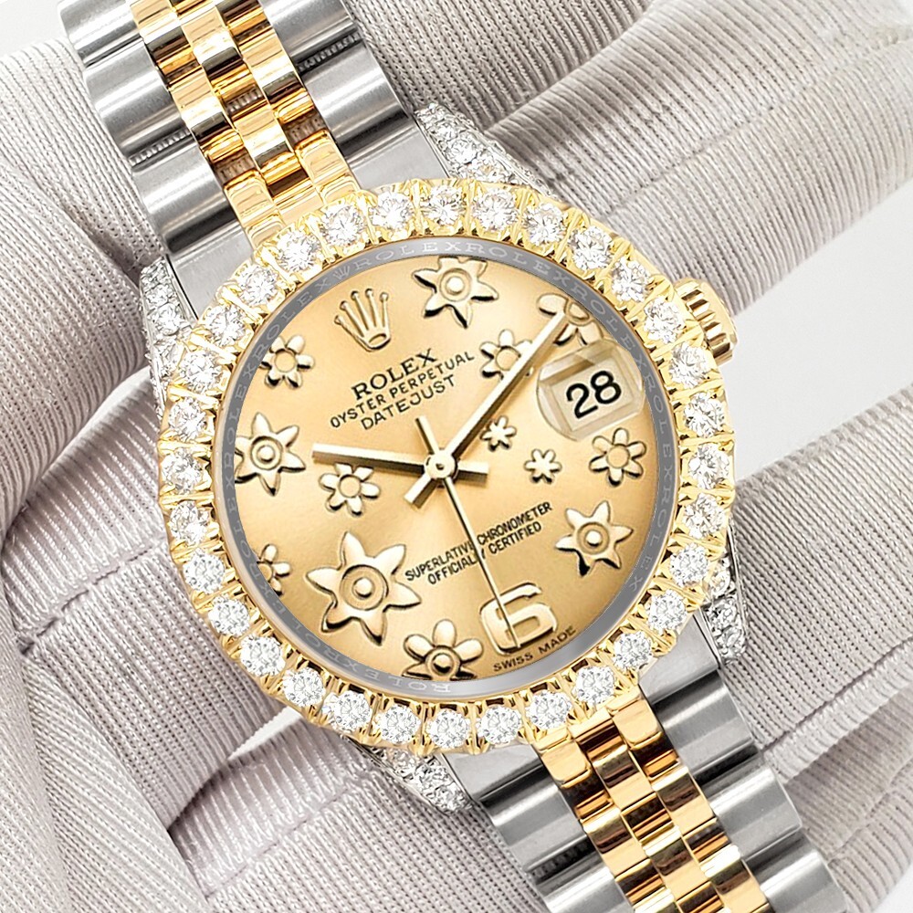 Rolex Datejust 31mm 2-Tone Champagne Floral Dial 4.4ct Diamond Bezel/Case Watch