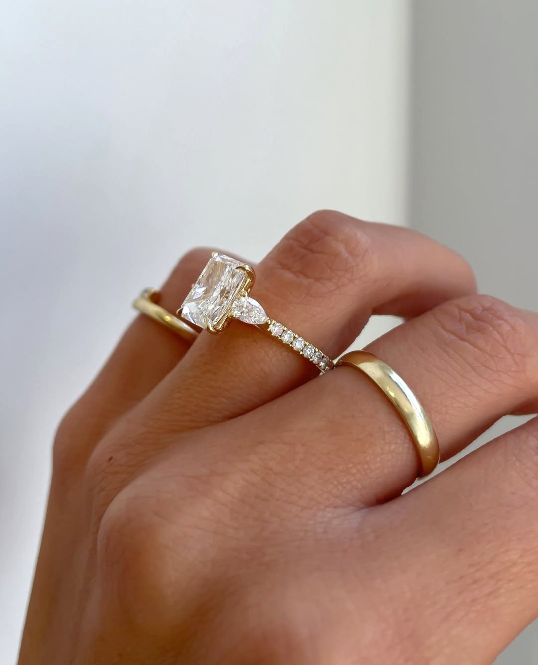 4 CT Radiant Cut Moissanite 3 Stone Engagement Ring Pear Sides Pave Band 925 Sil