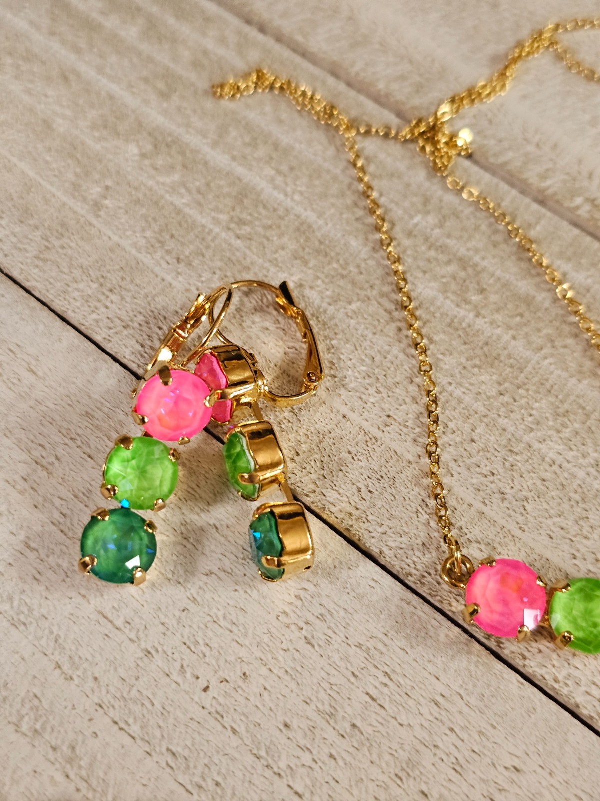 B1-22 Watermelon Mojito Pink Lime Crystal Earrings Cup chain 3pc Jewelry Set
