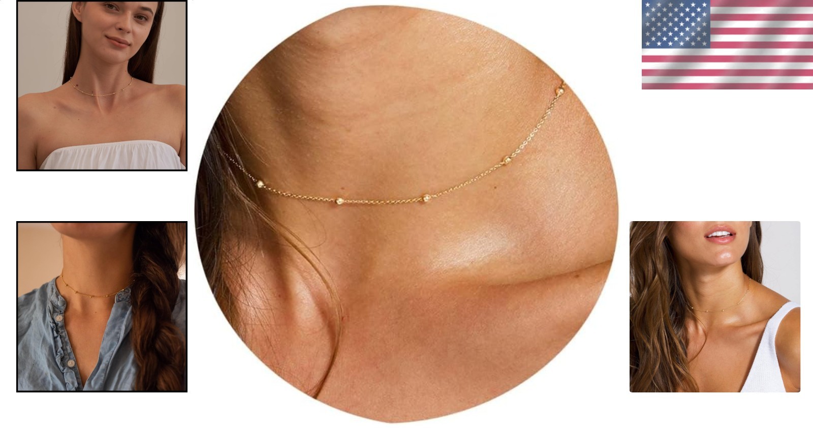 Dainty Gold Chain Necklace for Women, 14K Plated Beaded Box Link Choker Trendy
