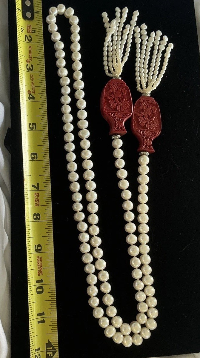 Cultured Pearls. 24 Inches Long. 9-10mm, Cinnabar Decorations.
