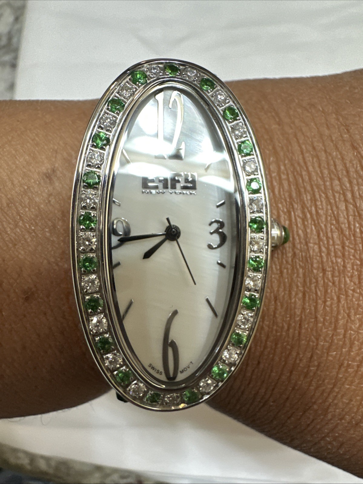Effy Diamond & Tsavorite 1.78 Ct Swiss Quartz Ladies Watch Green Crocodile Strap