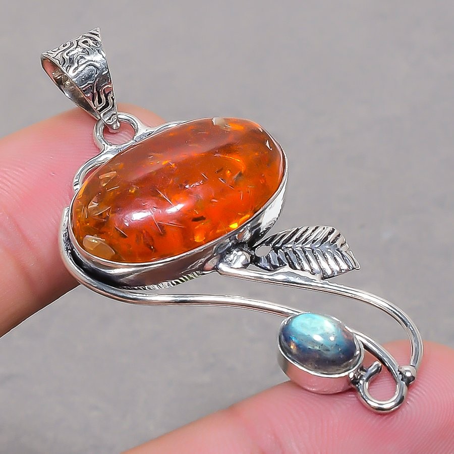 Baltic Amber Labradorite Gemstone Jewelry Handmade Fashion Pendant 2″ SR 3638
