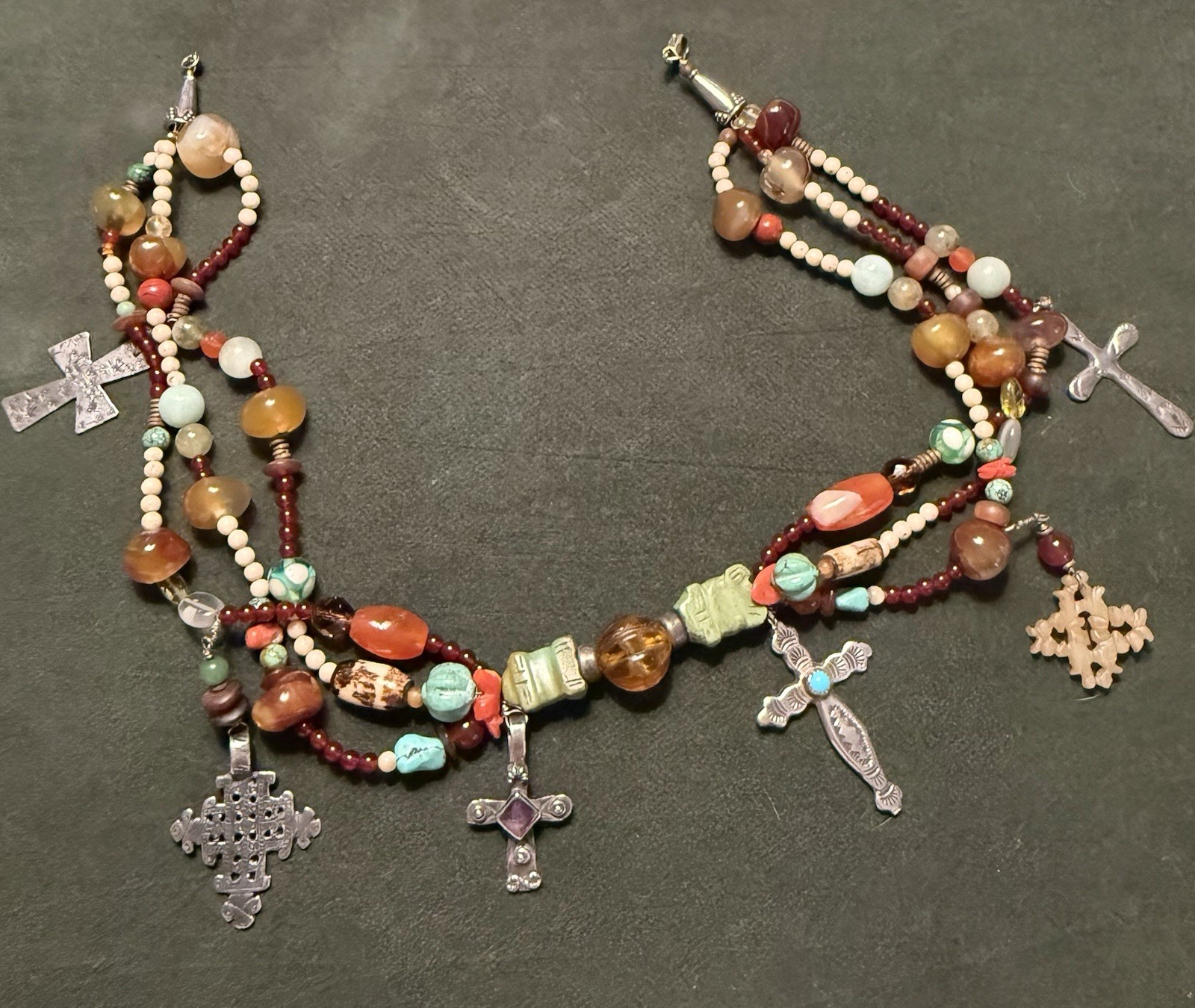 Southwestern Multicolor, 3 Strand Beaded Necklace with Crosses