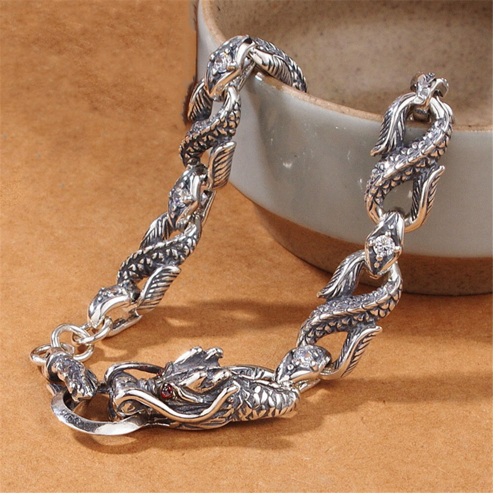Pure S925 Sterling Silver Chain Men Women 4mm Dragon Link Bracelet 7.1-7.9in