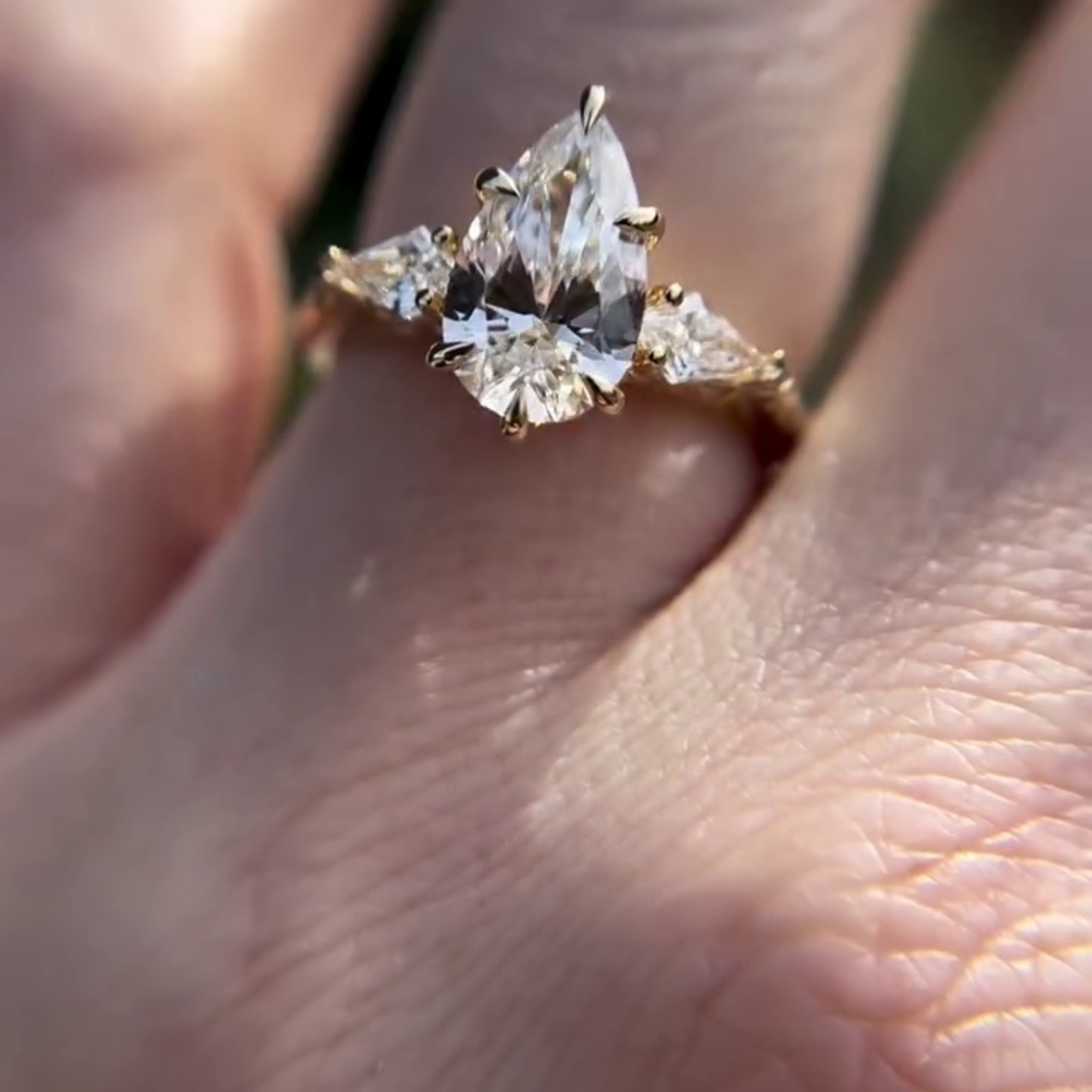 Floral 3 CT Pear Three Stone Moissanite Side Stone Kite 14K Yellow Gold Plated