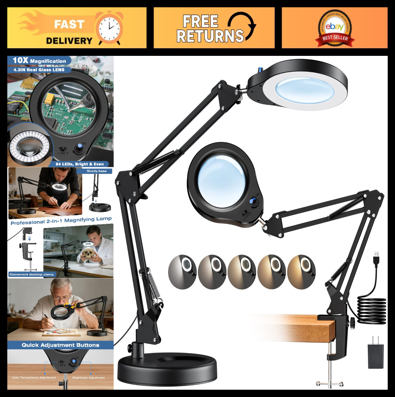 10X LED Magnifying Glass with Light & Stand, 5 Color Modes, Hands-Free Desk Lamp