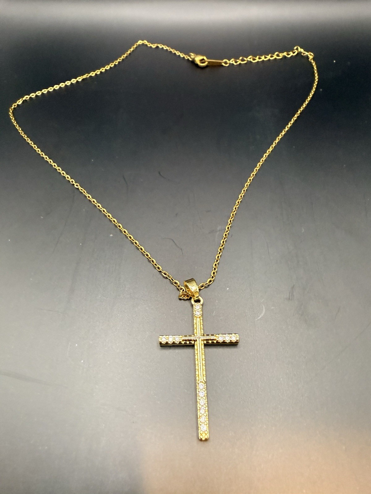 Gold Tone Cross Charm Pendant Necklace, Clear Crystal, Cable Chain, Prong Set