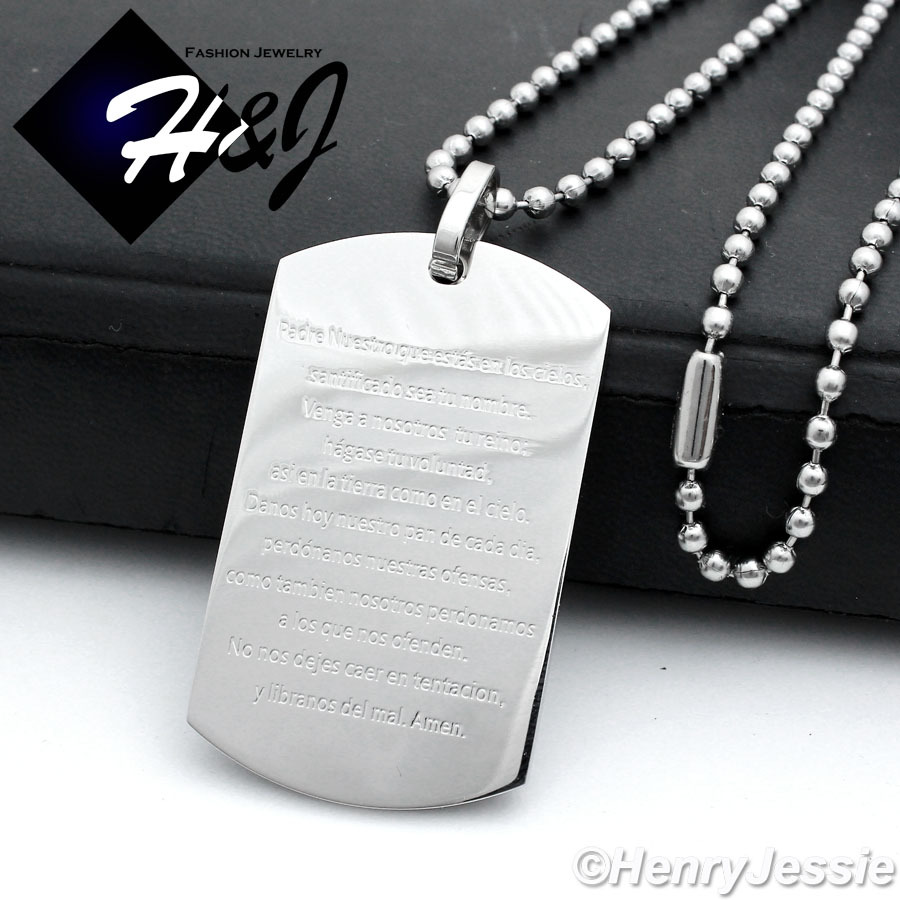 24″Stainless Steel 2.5mm Silver Bead Chain Spanish Bible Verse DogTag Pendant*82
