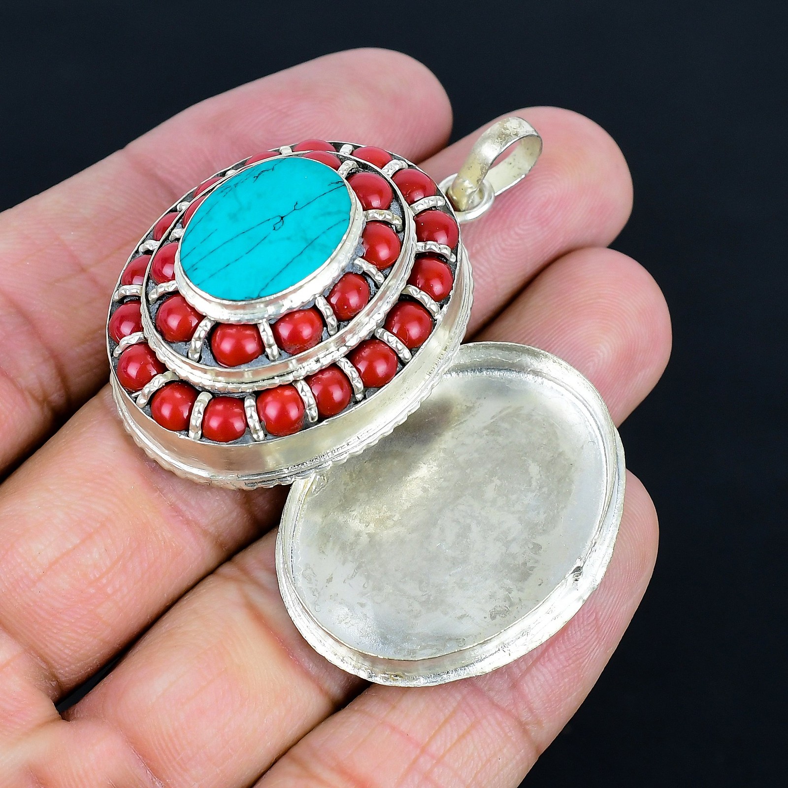 Turquoise Coral Handmade 925 Sterling Silver Tibetan Nepali Box Pendant 2.1″ N30