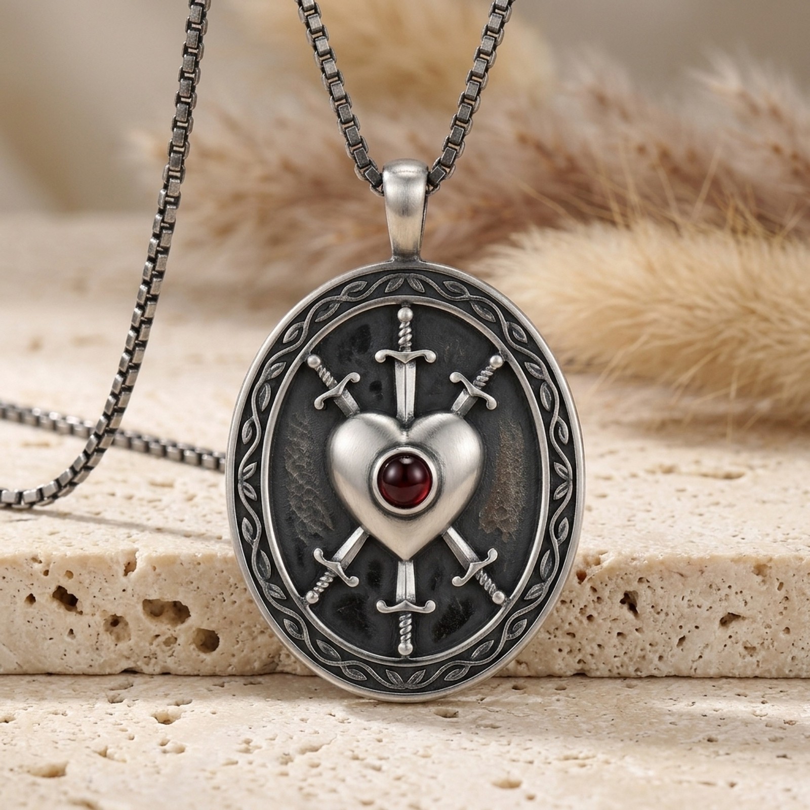 Artemis Our Lady Sorrows Pendant Oxidized Garnet 925 Sterling Silver Catholic