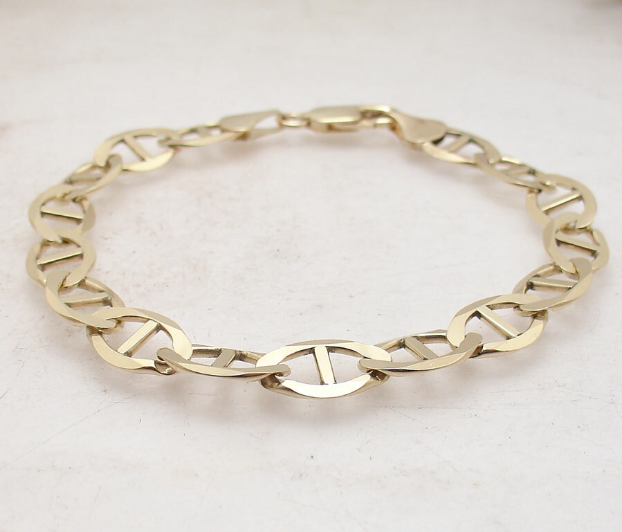 9.2mm Mens Flat Mariner Anchor Link Chain Bracelet Real Solid 10K Yellow Gold