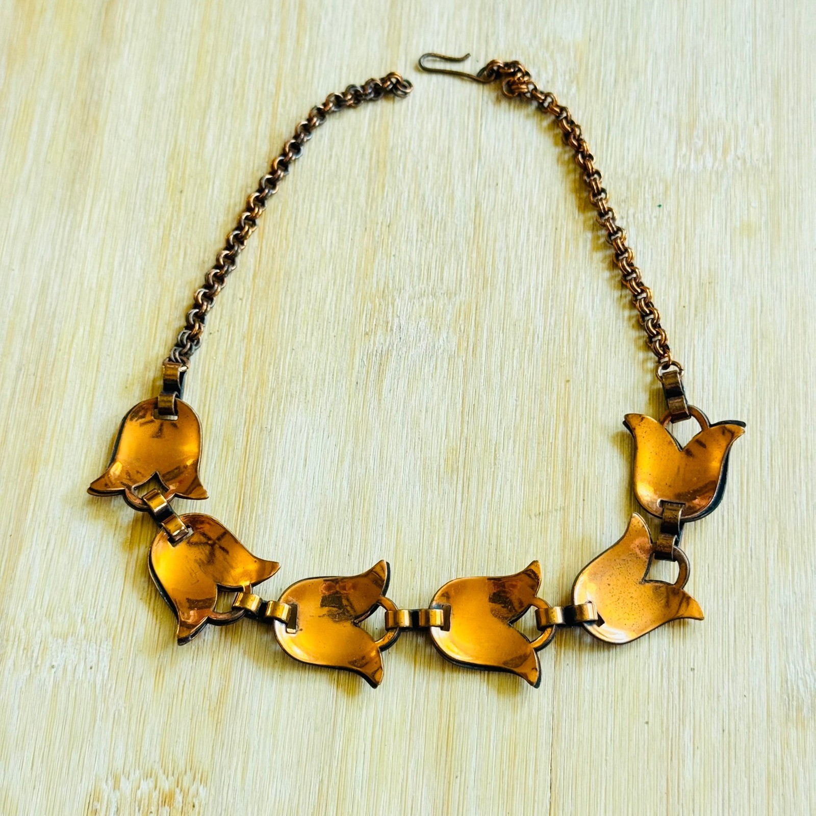 VTG Rebajes Link Tulip Necklace Statement Copper Modernist Retro MCM Choker 14″