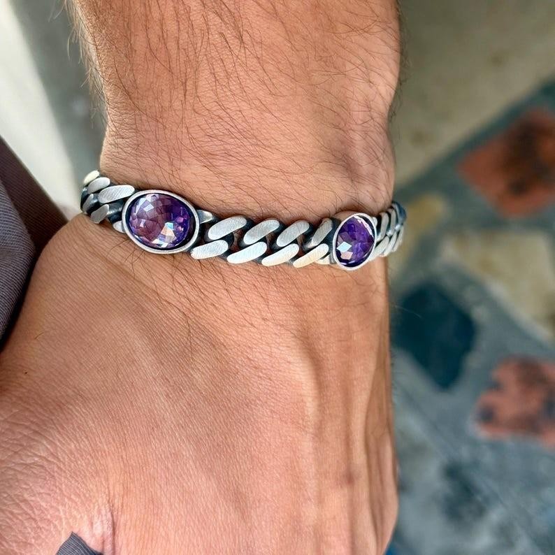 925 Solid Silver Amethyst Curb Chain Bracelet, 10MM Cuban Link Chain Bracelet