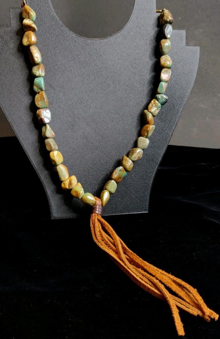 Stone Nugget Necklace Blue Green Brown Matrix Leather Tassel Rustic Boho Long