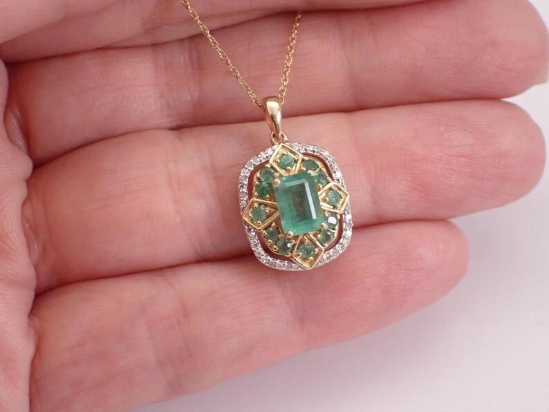 1.90Ct Emerald Cut Lab Created Emerald Art Deco Pendant 14k Yellow Gold Finish
