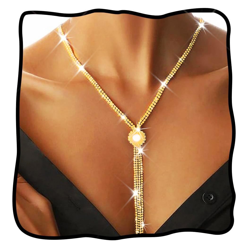 Rhinestone Y-Necklace Choker Chain (18.5in (Length), 9.4in (Height), Gold)
