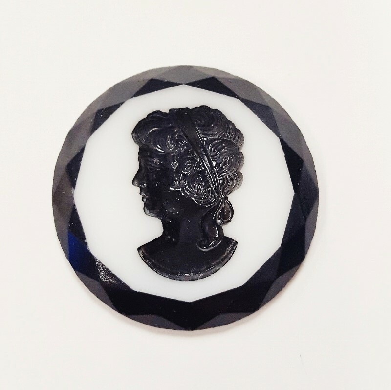 Vintage Glass Black White Lady Headband 35mm. Round Intaglio Cameo Cabochon 469