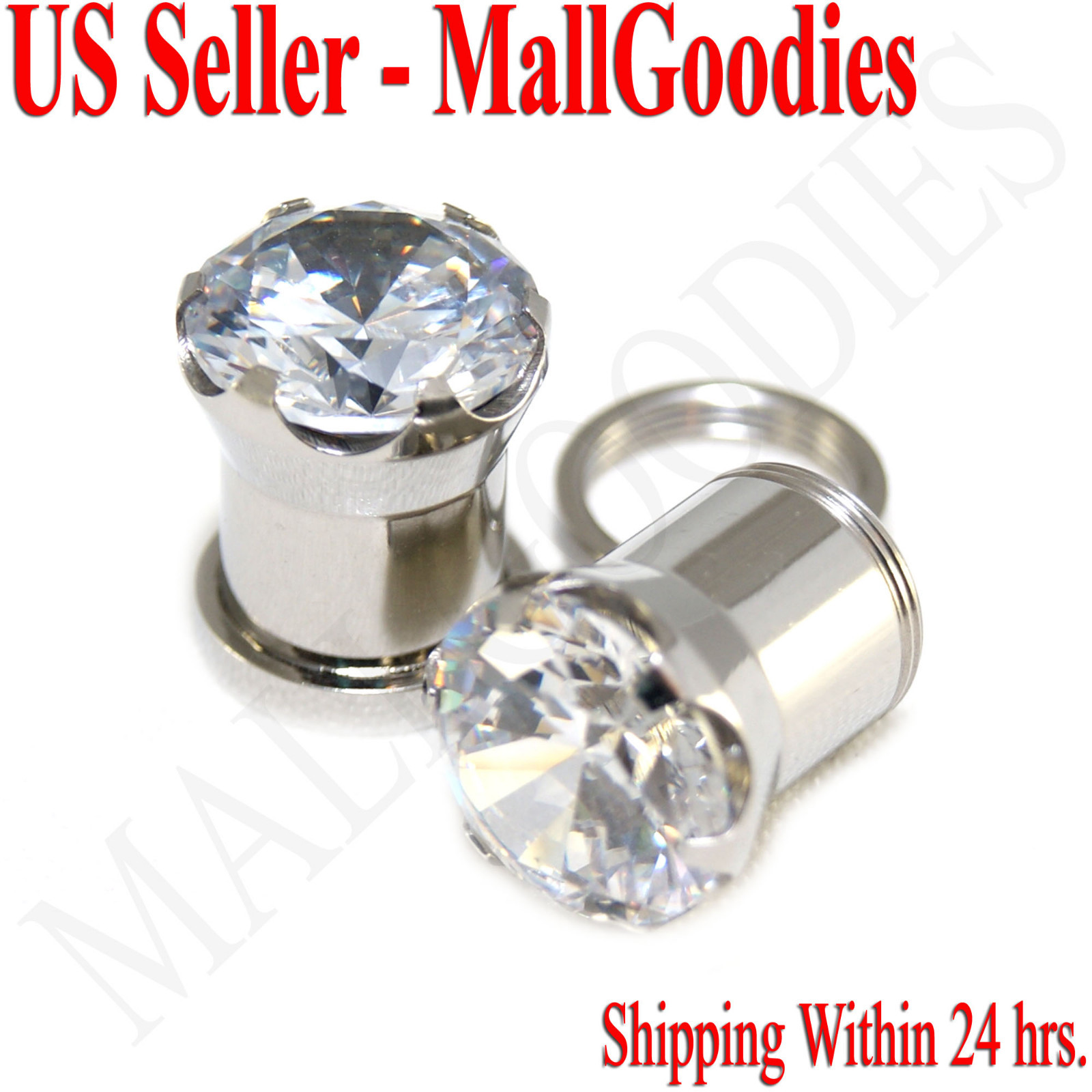 1259 Screw-on / fit Clear Solid CZ Prongs Ear Plugs Retainers 00 Gauge 00G 10mm