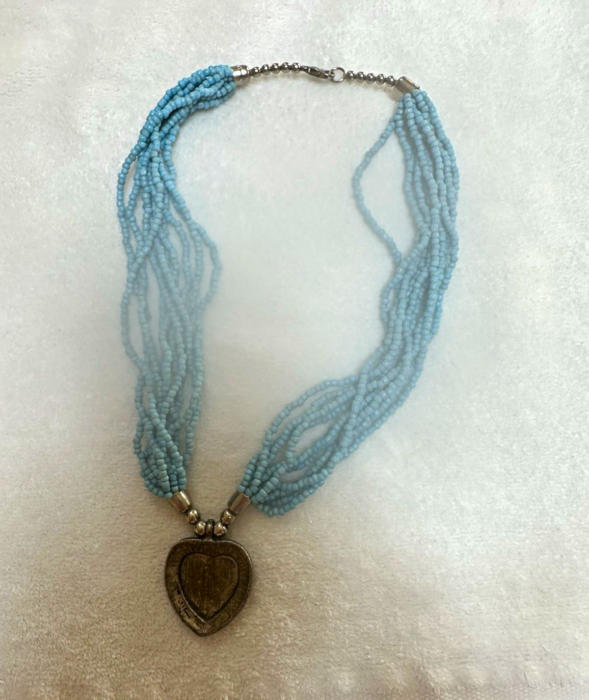 Blue Beaded Multi-Strand Ball Chain Necklace w Silver Tone Heart Charm Lobster