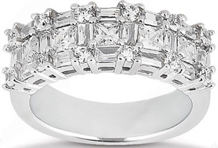 2.62 ct Princess Round & Baguette Diamond Wedding Ring 14K White Gold Band #322