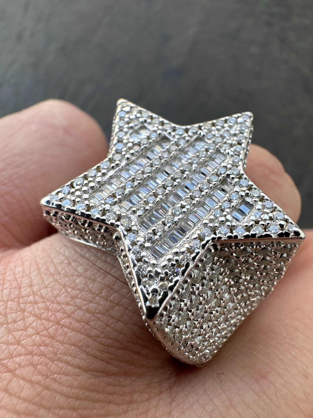 MOISSANITE Real 925 Silver Iced Baguette Star Shape Ring Passes Tester Hip Hop
