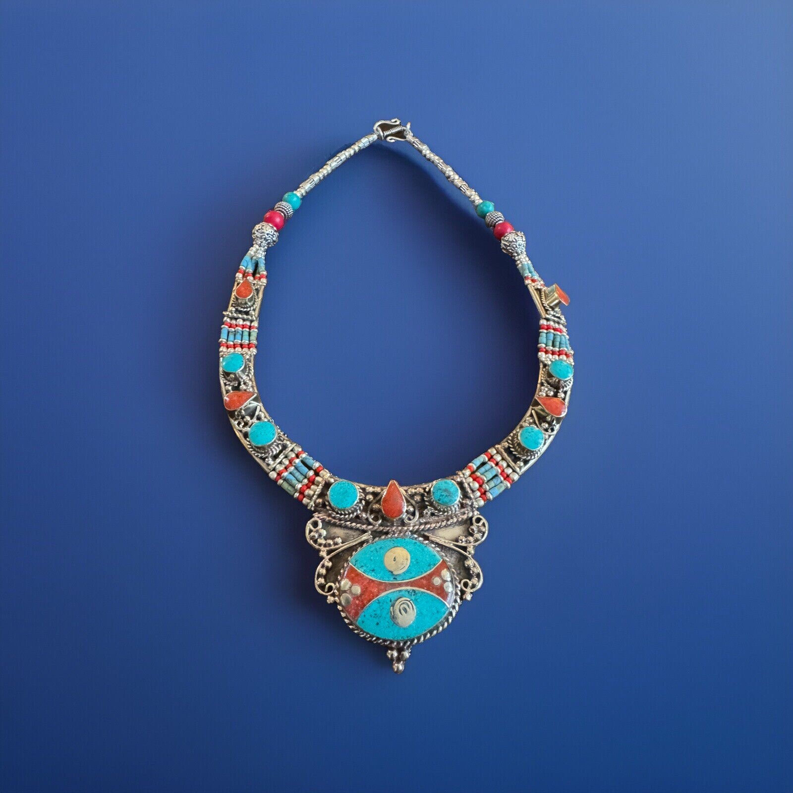 Ethnic tribal theme hand crafted necklace inlay stones set in Tibetan silver19”