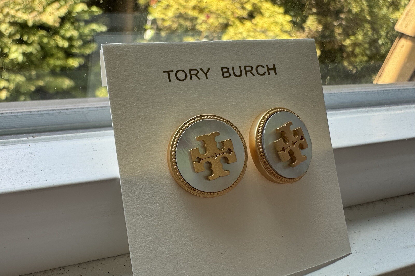 New Tory Burch White Semi-Precious Gold Tone Mother Of Pearl Logo Stud Earrings