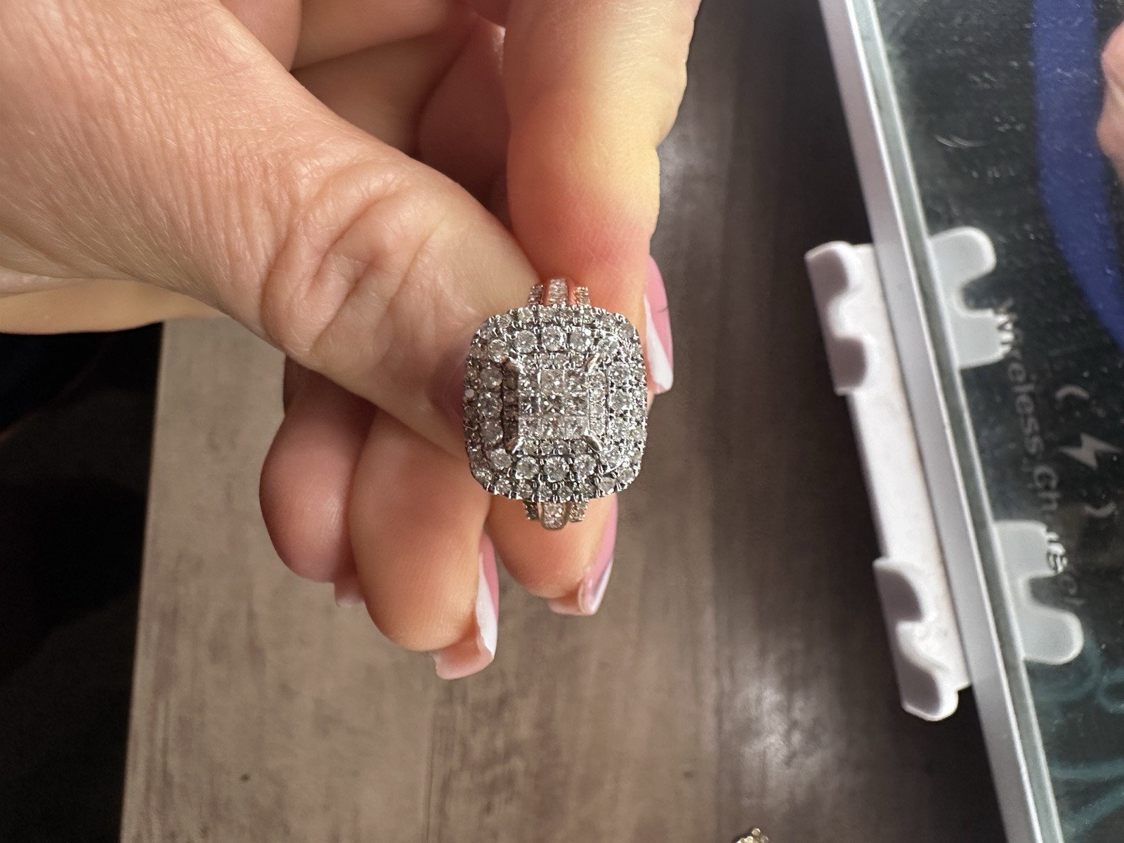 One Carat Natural White Diamond 10k Rose Gold Halo Cushion Ring Size 7