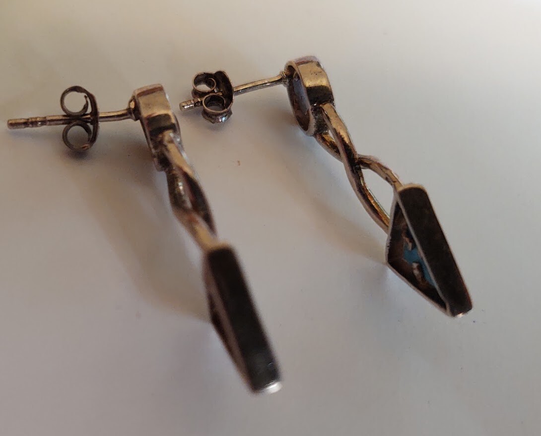 REAL STERLING SILVER Turquoise Triangles Stud Dangle Earrings ((C47))