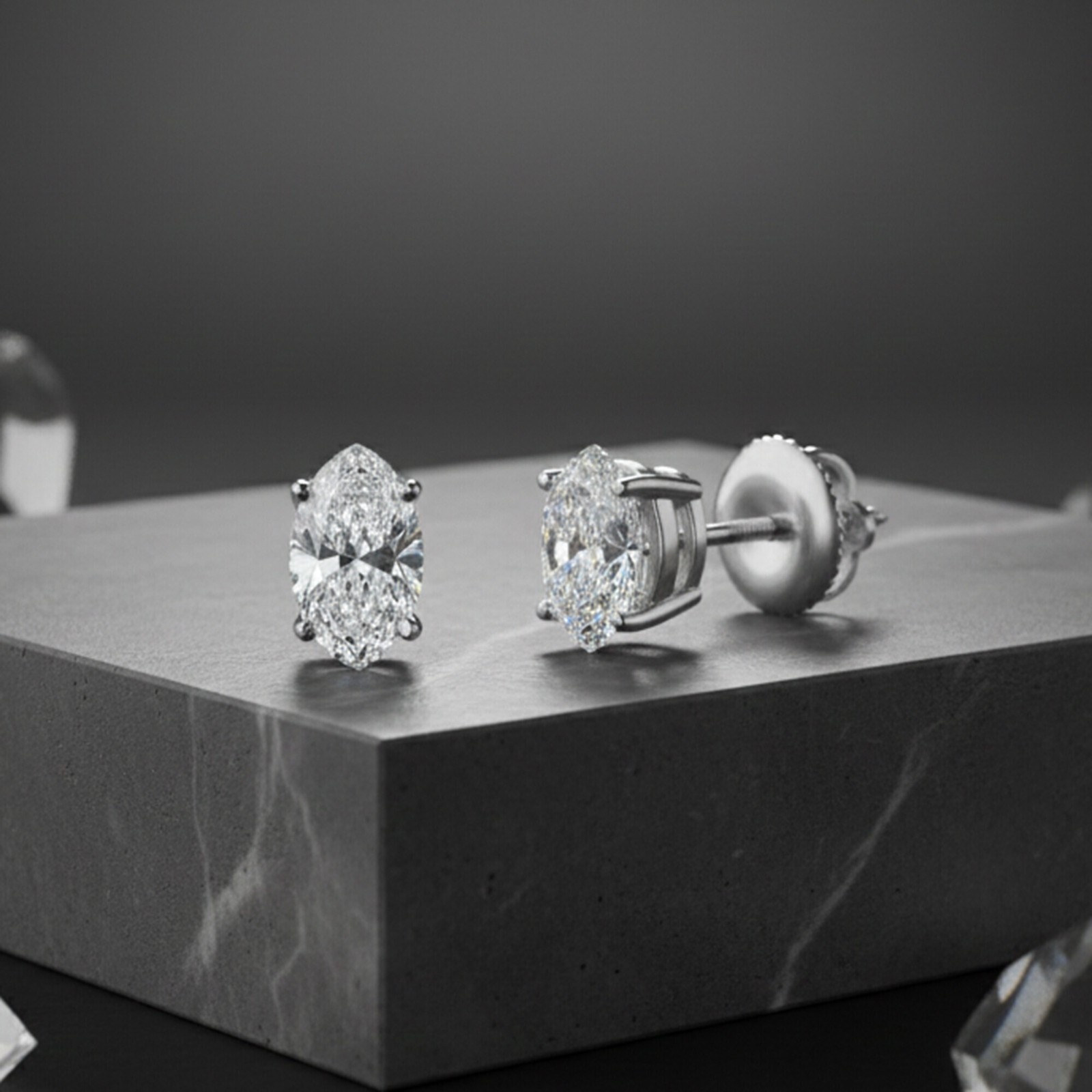 1 Ct Marquise Lab Created Moissanite Earrings 18k White Gold Vermeil Screw