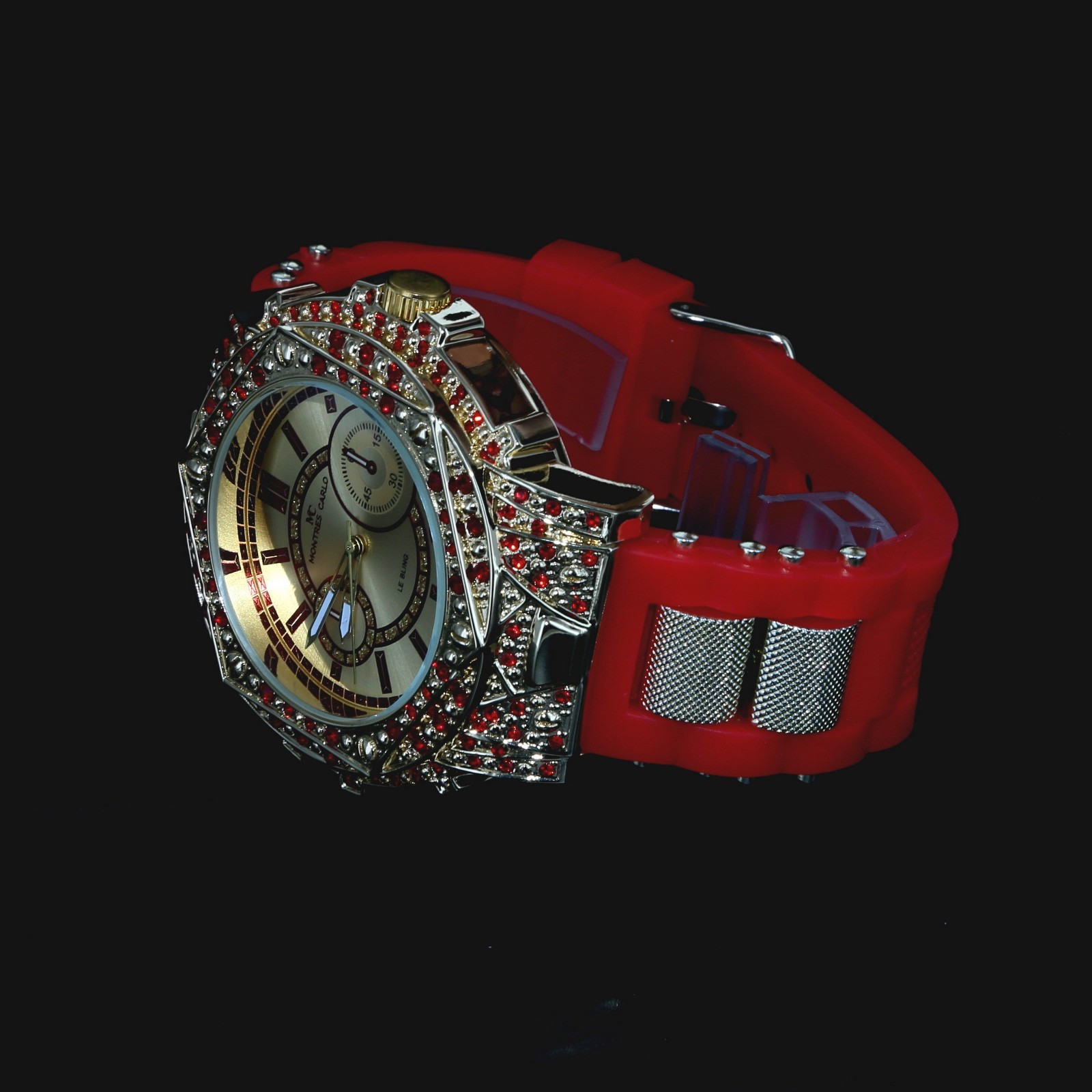 Montres Carlo Men’s Hip Hop rapper Red Stones Gold Finish Clubbing Luxury Watch