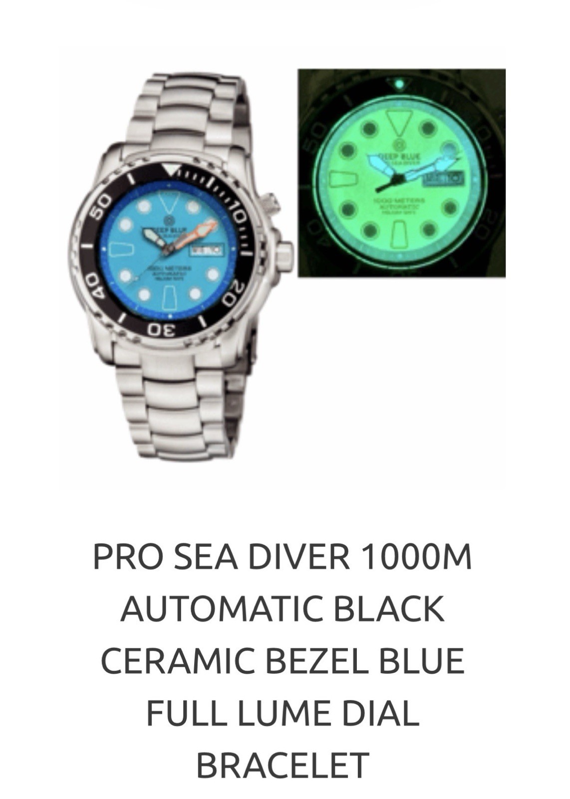 Deep Blue PRO SEA DIVER 1000M AUTO DIVE WATCH-BLUE FULL LUME DIAL/NEW‼️