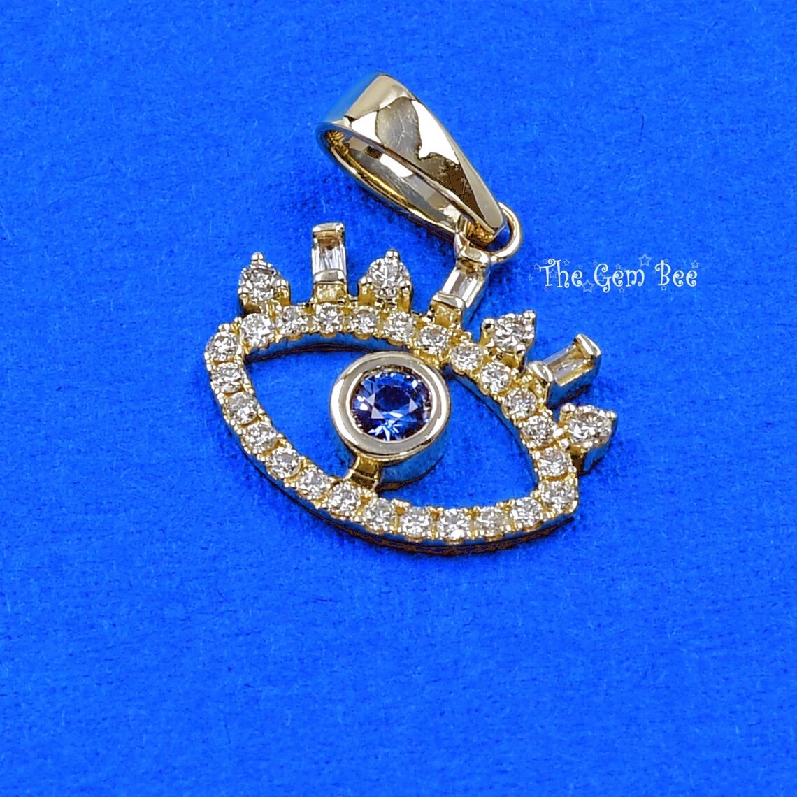 14.2mm 14K Yellow Gold Diamond blue Sapphire Evil Eye Protection Charm Pendant